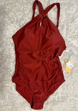 Womens Ring Crossover Ruched Full Coverage One Piece Swimsuit - Kona Sol Red S