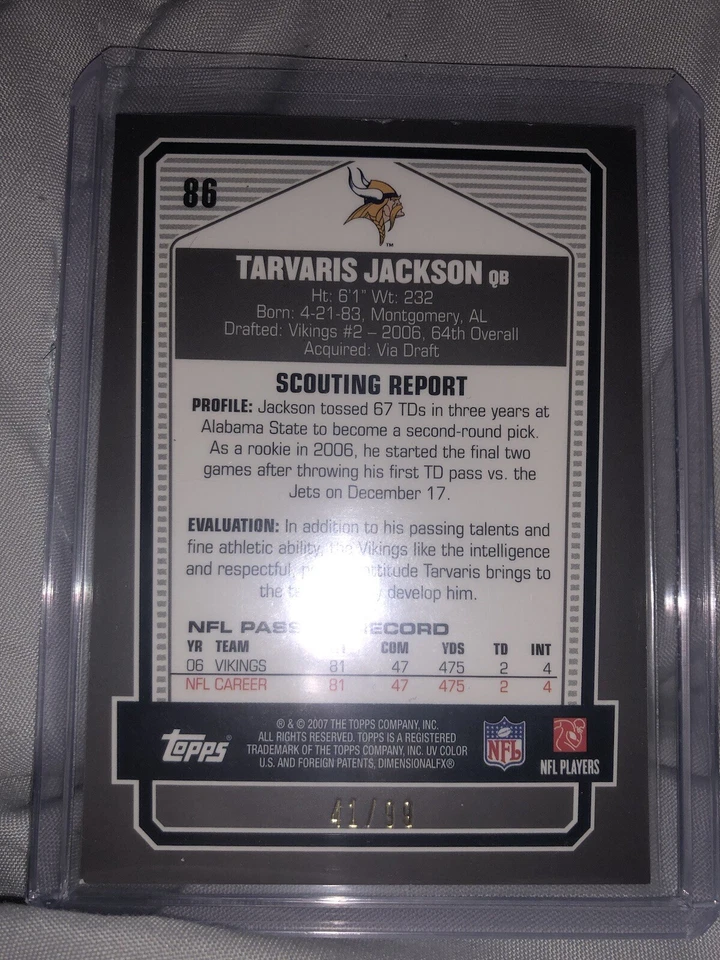 Gold 2007 Topps Draft Picks and Prospects (DPP) - Тарварис Джексон /99  - Изображение 2 из 2