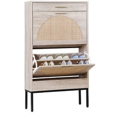 Rattan Shoe Cabinet with 2 Flip Drawers Storage Organizer Cabinet for Entryway