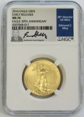 2016 GOLD $25 AMERICAN EAGLE 1/2 OZ MOY 30TH ANNIVERSARY NGC MS 70 EARLY RELEASE