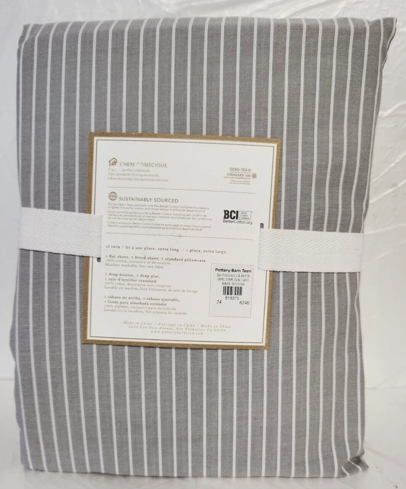 Juego de 3 sábanas dobles Pottery Barn Teen Oxford Stripe XL gris blanco negro Foto 2 de 2