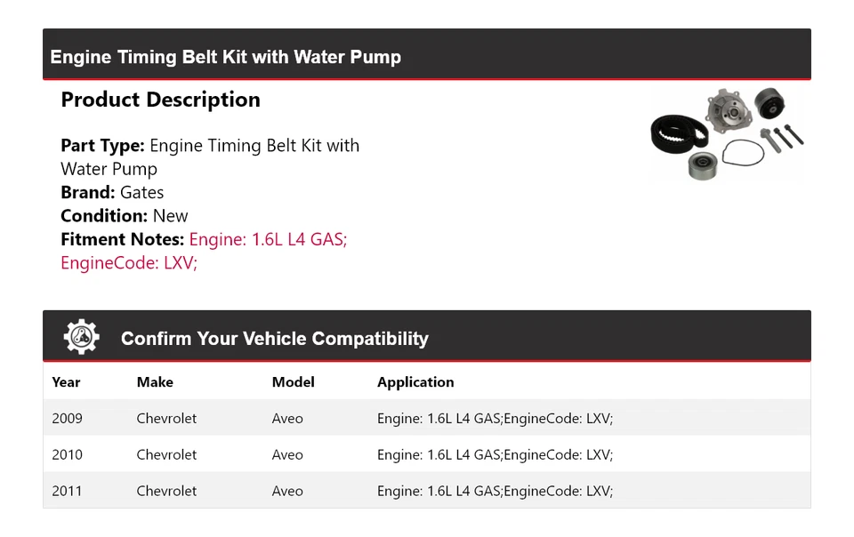 For 2009-2011 Chevrolet Aveo Engine Timing Belt Kit with Water Pump Gates 2010 - Image 2 of 3