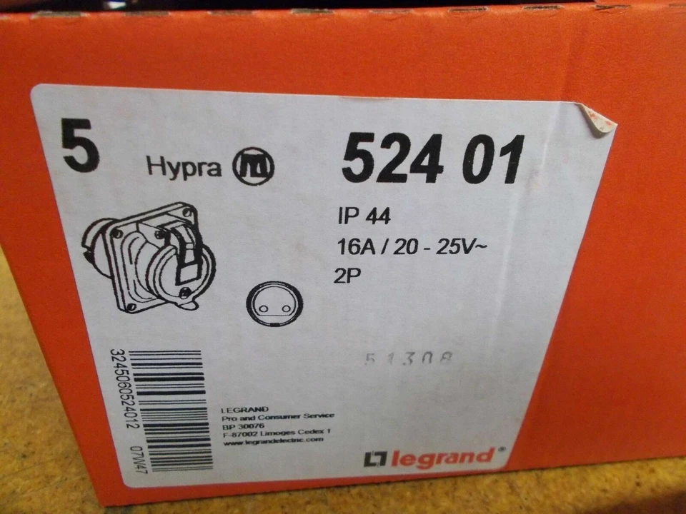Hypra Legrand 524 01 IP 44 16A 20-25V 2P Plug Receptacle New 5 Per Box - Image 2 of 4