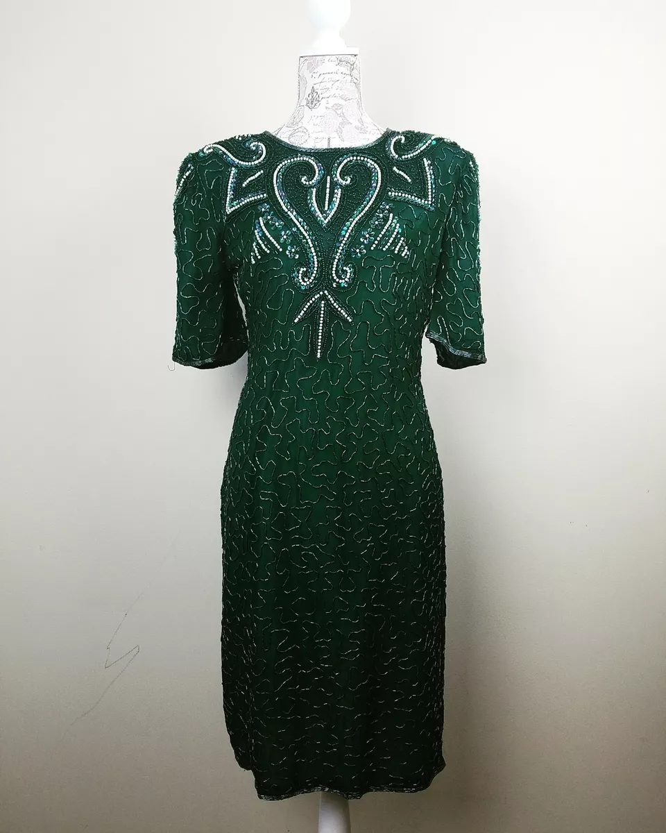 swee lo vintage beaded dress 10 emerald green art deco revival