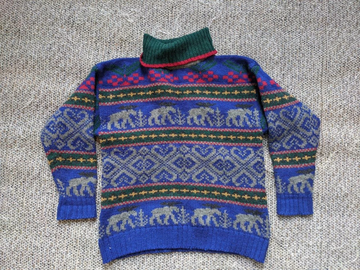 vintage EDDIE BAUER nordic sweater L turtleneck WOOL knit MOOSE reindeer