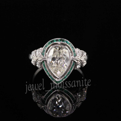 Art Deco 2.30 Ct Off White Pear Moissanite Engagement Ring 925 Sterling Silver
