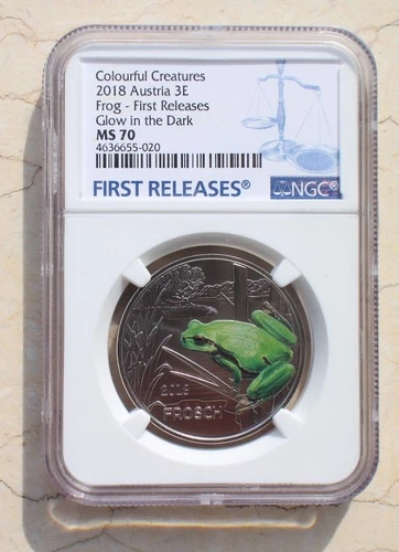 NGC MS70 Austria 2018 3Euro Coin - Frog - Colourful Creatures Glow in Dark