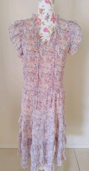 Decjuba Chiffon Micro Floral Tiered Ruffle Midi Dress With Slip Size 10