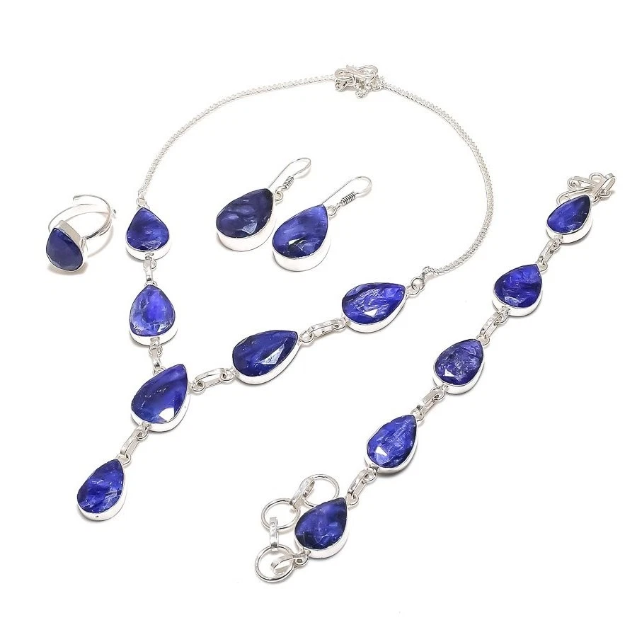 Conjunto de colar de pedras preciosas de safira azul feito à mão design antigo em forma de pera joias - Imagem 3 de 4