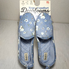 Dearfoams True Comfort Women XL 11/12 Memory Foam Slippers Washable Blue Floral