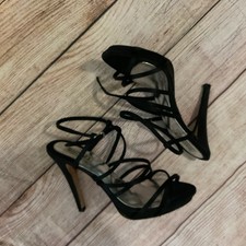 Badgley Mischka Strappy Black satin Ankle Strap Pumps Heels 8 EXCLNT
