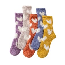 5 Pairs Heart Coral Fleece Socks Women's Sleep Socks Warm Mid-calf Home Socks Pl
