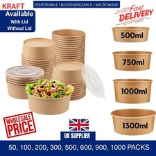 Kraft Deli Bowls Disposable Round Kraft Salad Bowls & Reusable Lids Takeaway Box