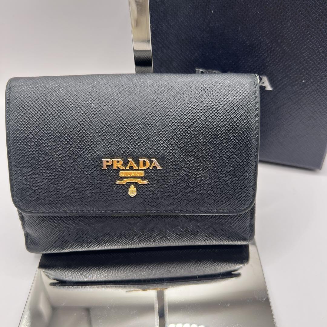 Prada Black Leather Tri-fold Wallet with Gold Logo and Box Excellent Condition