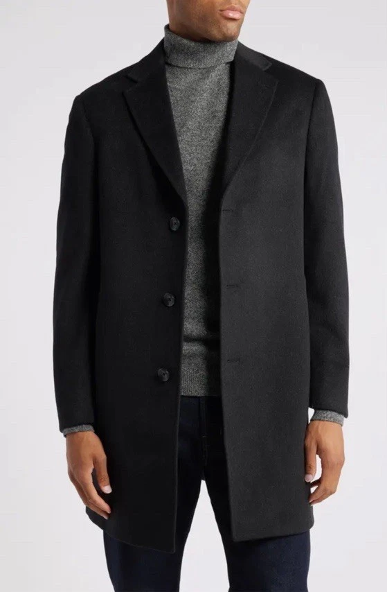 John W Nordstrom Mens Cashmere Wool Coat 3-Buttons Overcoat Pockets Black 44R - Image 2 of 4