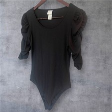 H M Black Puff Sleeve Bodysuit Ribbed Scoop Neck Stretchy Top Size Small