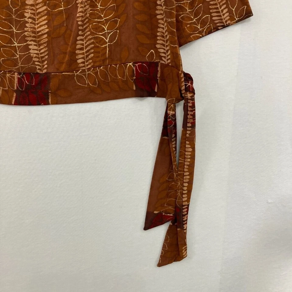 Mirasol size 2X Brown Leaf Artsy Print Slinky Knit Stretch Tie Hem Boho Top Foto 2 de 4