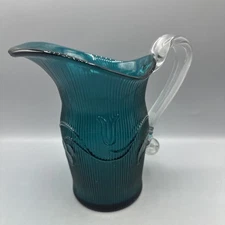 Metropolitan Museum Of Art Pitcher Glass Teal Green Bellflower Ribbed MMA 7.75”