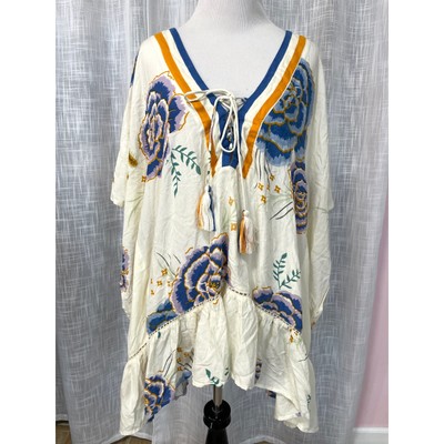 Z&L Europe Womens Poncho Tunic Blouse XS Oversized Floral Boho Tassels Lace Up