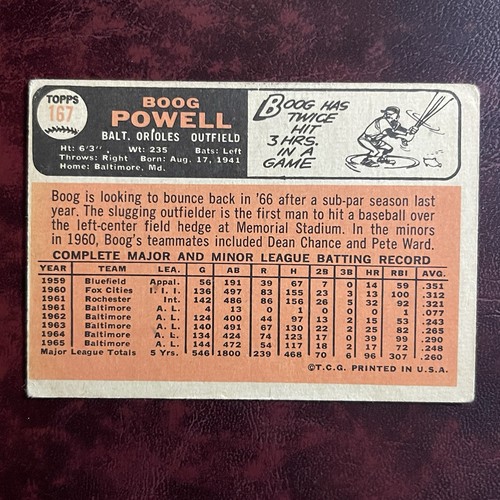 1966 Topps Set BOOG POWELL #167 BALTIMORE ORIOLES - VG/VG-EX - Picture 2 of 2
