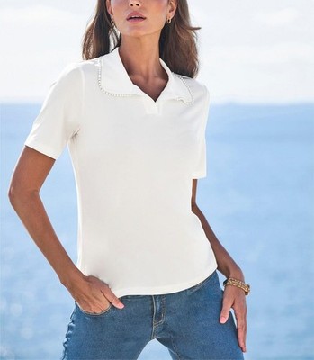 Mode von Heine Damen Poloshirt Oberteil Kurzarm V-Ausschnitt ecru NEU