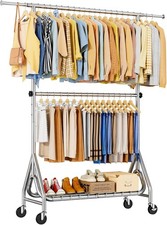 Clothes Rack for Hanging Clothes, Double Rods Clothing Rack with Lockable Wheels
