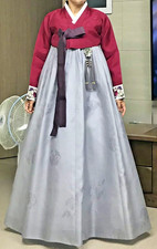 Korean Traditional Hanbok Full Set Women Crimson Pink  Silver Grey Embroidered