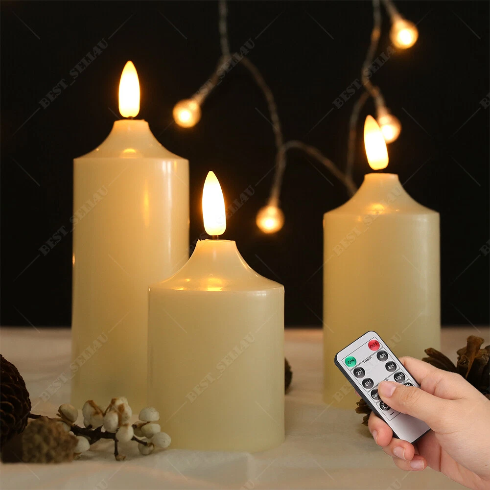 3x Flameless Flickering LED Pillar Candles Battery Operated Timer Remote Control