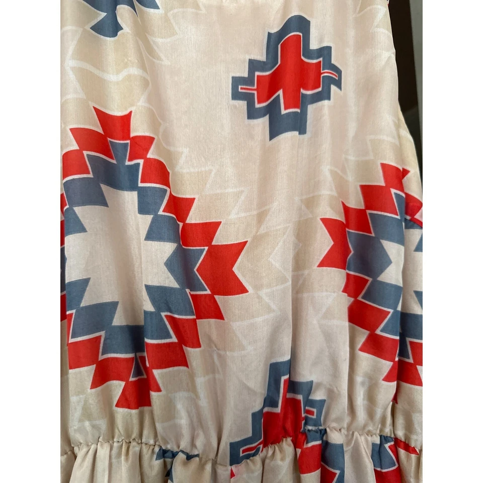 Vestido maxi Myne Ashley Ann seda tamanho 2 estampa geométrica sem mangas bege vermelho - Imagem 3 de 4