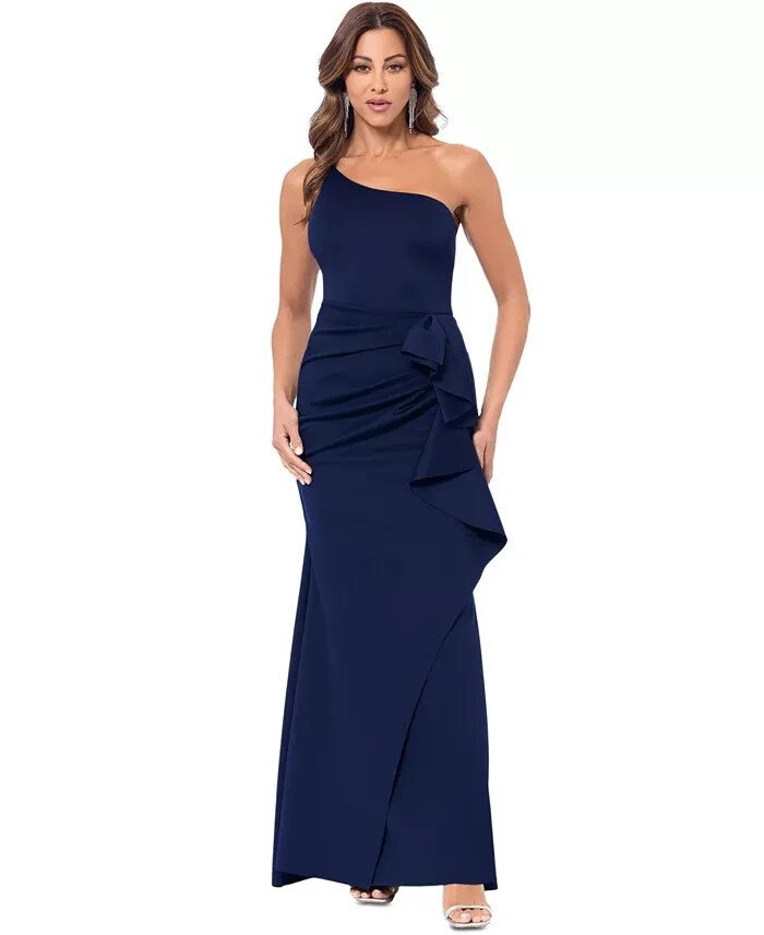 Xscape Midnight Blue One-Shoulder Scuba Ruffle Sheath Dress Gown Size 8  $248 | eBay