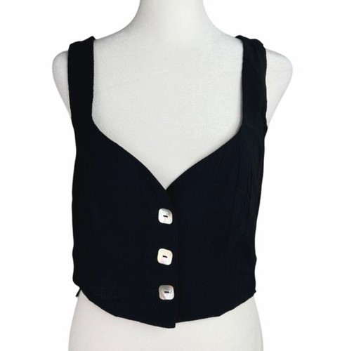 Jason Wu Womens Black Square Mother of Pearl Sleeveless Button Crop Top Small - Picture 7 of 14
