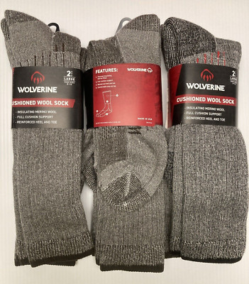 Wolverine Over the Calf Merino Wool Boot Socks, L (men's shoe 9-12), 6 pairs