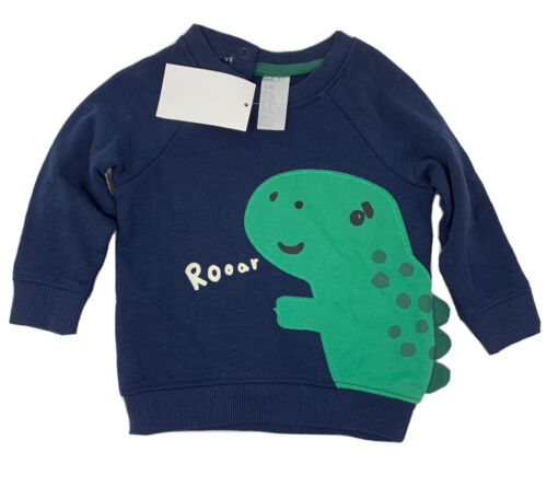 Neu mit Etikett H&M Jungen 4-6 Monate blau brüllendes Sweatshirt mit grüner Dinosaurier-Applikation - Bild 1 von 5