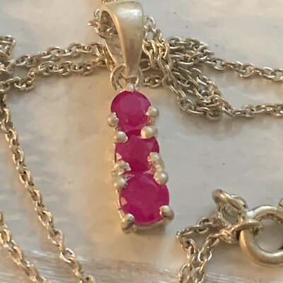  925 DESIGNER QVC 3 STONE NATURAL RUBY LADDER STERLING DANGLE PENDANT NECKLACE 
