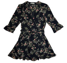 Reformation Zoe Mini Wrap Dress L Black Dark Floral Half SL Ruffle Boho Festival