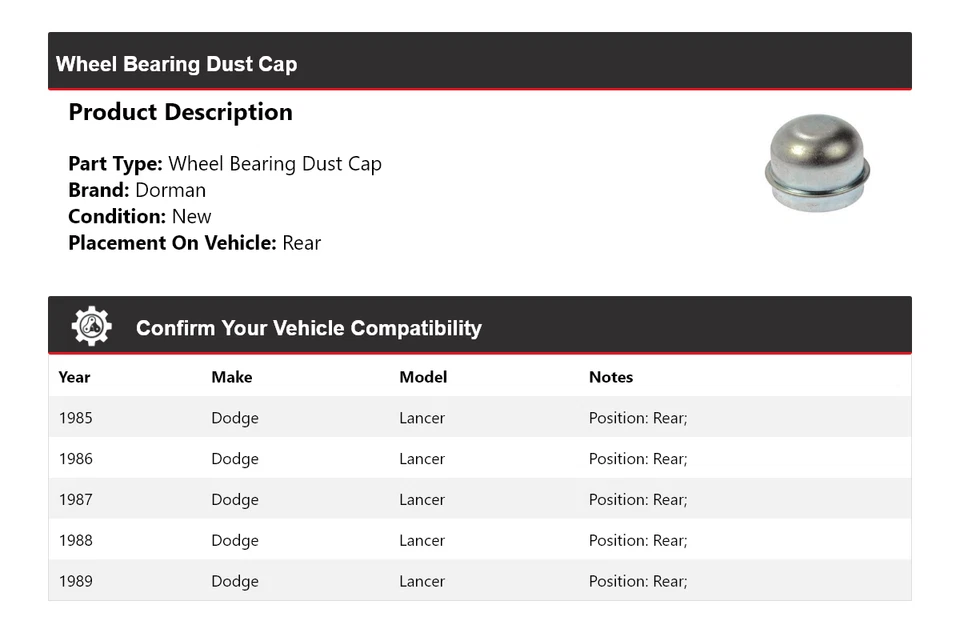 For 1985-1989 Dodge Lancer Dorman Wheel Bearing Dust Cap Rear 1986 1987 1988 - Image 2 of 4