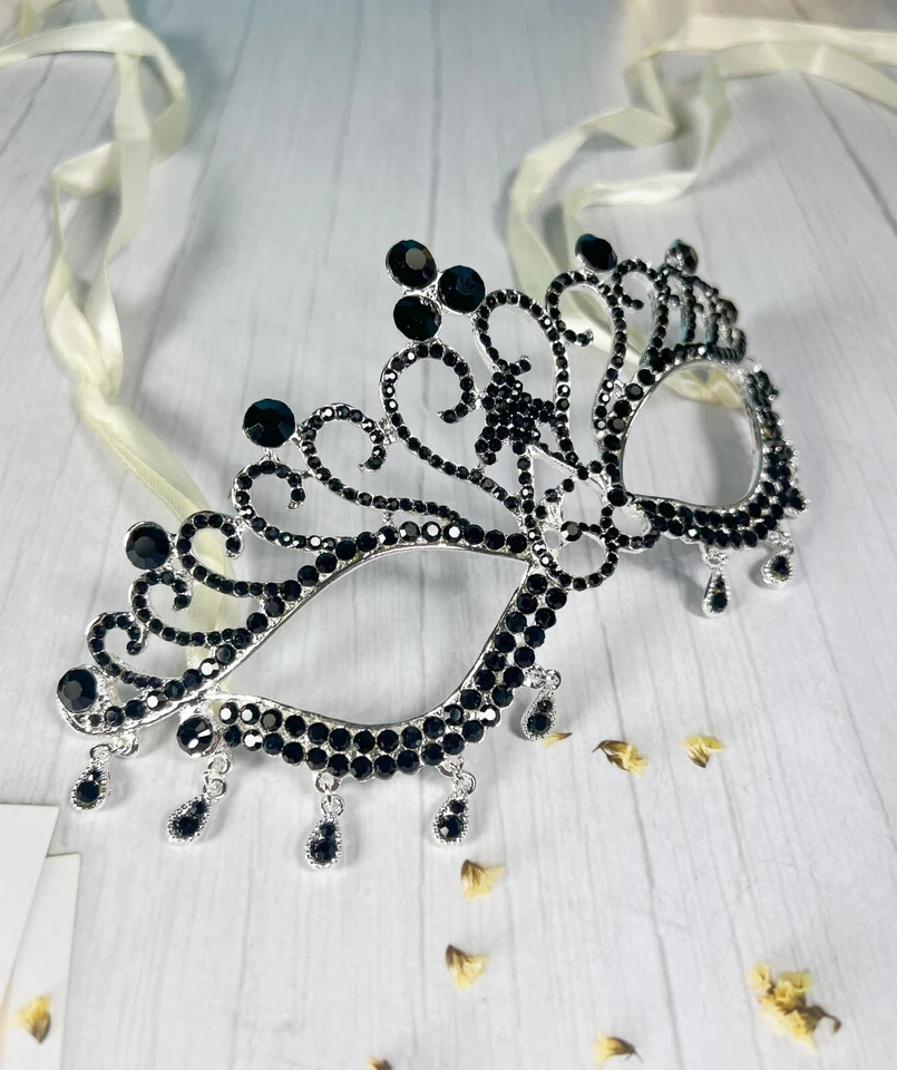 Masquerade Black Crystal Mask, Mardi Gras Silver Mask, Black Teardrop Party Mask - Image 3 of 3