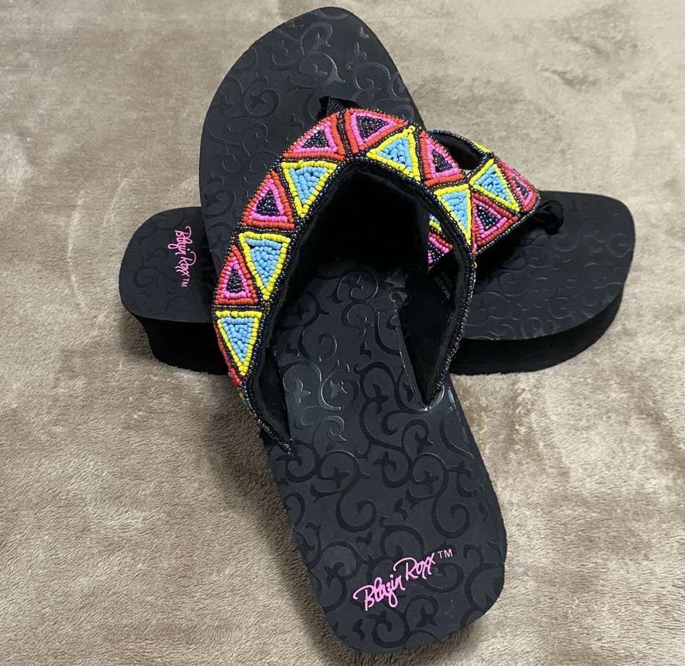 Chanclas Blazin Roxx Rachel para mujer talla 9 plataforma gruesa colorida con cuentas Foto 2 de 4