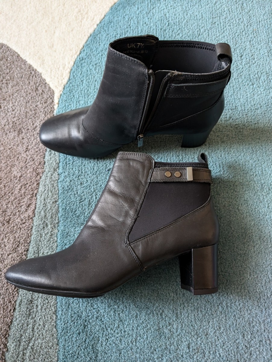 M&S FOOTGLOVE Black Leather Ankle Boots Block Heel Size Wider Fit Worn Once