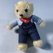Roni Toy 1991 Tan Bear Plush Jeans Overalls Stuffed Animal Blue White Shirt 10"