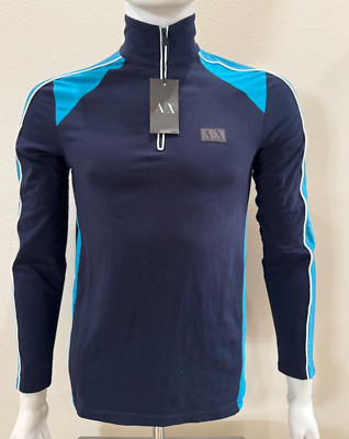 Armani Exchange 1/4 Zip Pullover Stretch Colorblock Navy Aqua Blue Mens S
