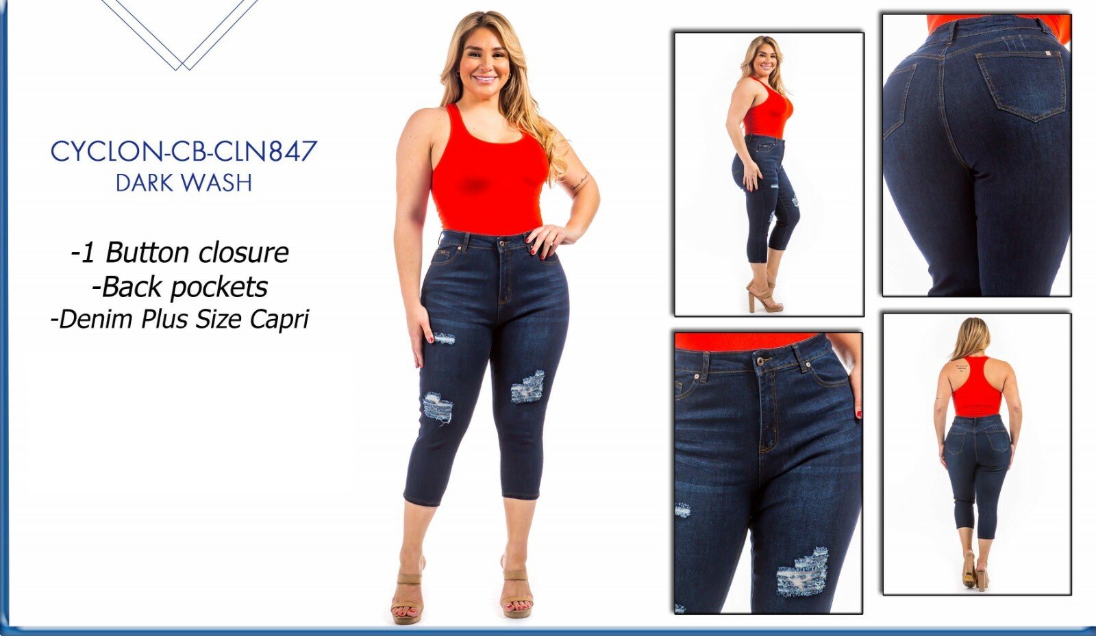 WOMEN'S PLUS SIZE Stretch BLUE denim Jeans CAPRI Distressed Ripped 14 to 24