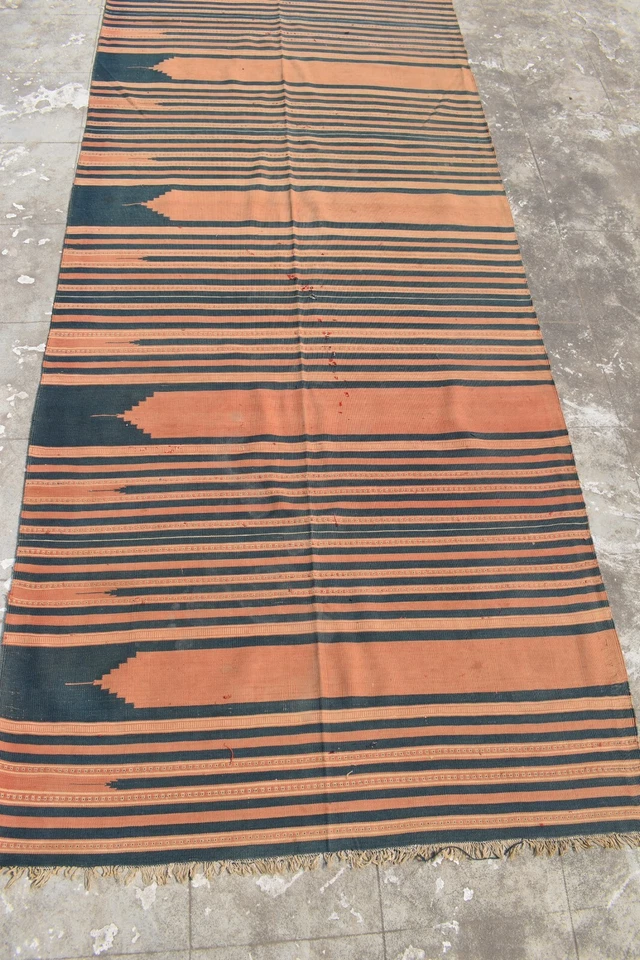 长款古董印度Dhurrie长条地毯手工编织Kilim靛蓝蓝色和红色罕见5 — 第 3/4 张图片