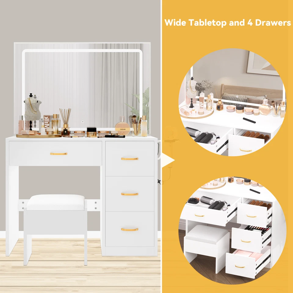 Juego de Tocador con Luces Led Maquillaje Escritorio Tocador Mesa de Escritorio con 4 Cajones Foto 2 de 4