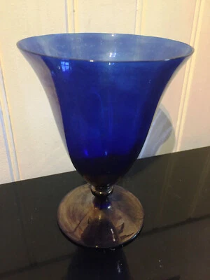 ART DECO VERRE A PIED / VASE IRISE BLEU COBALT/TRES FIN /CALICE COROLLE TULIPE - Photo 1/2