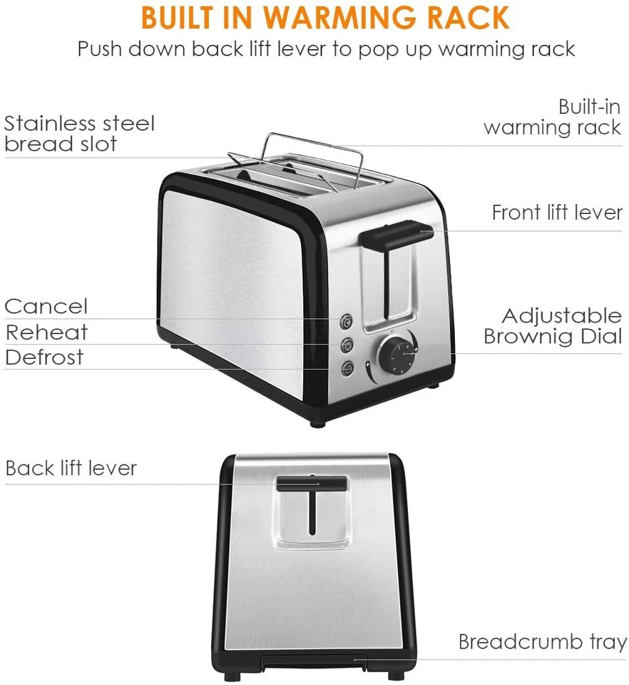 Tostadora 2 Rebanadas Calentamiento Plata Elegante Electrodoméstico de Cocina 7 Ajustes Foto 4 de 4