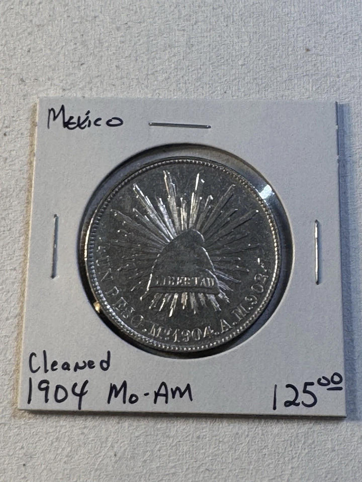 Moneda de plata grande de 1 peso de México 1904 Mo-AM limpiada Foto 4 de 4