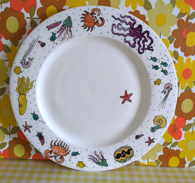 Vintage Meeresfrüchte Sea Life Fisch Platte Servierplatte 13,5'' Orange Gelb Keramik