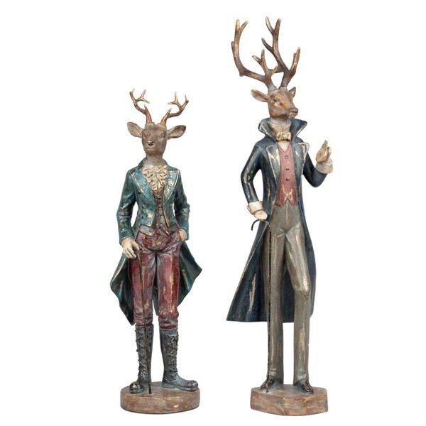 2Er Set Dekofiguren Hirsche Im Anzug Vintage 42 + 47Cm Aus Kunststein Formano-image