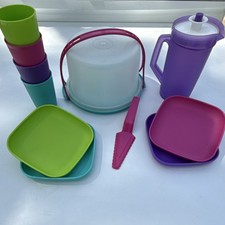 Tupperware Pretend Play Dish Tea Set Plates Cups Cake Carrier Pitcher Server